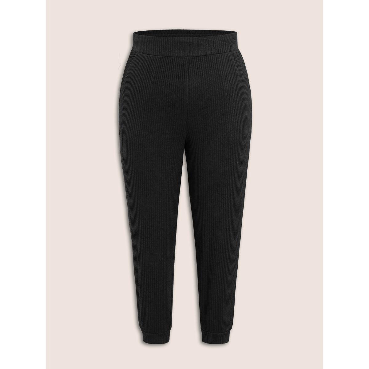 Plus Size Rib Knit Wideband Waist High Rise Pants Women Black Casual High Rise Dailywear Pants BloomChic 26/4X Product Image