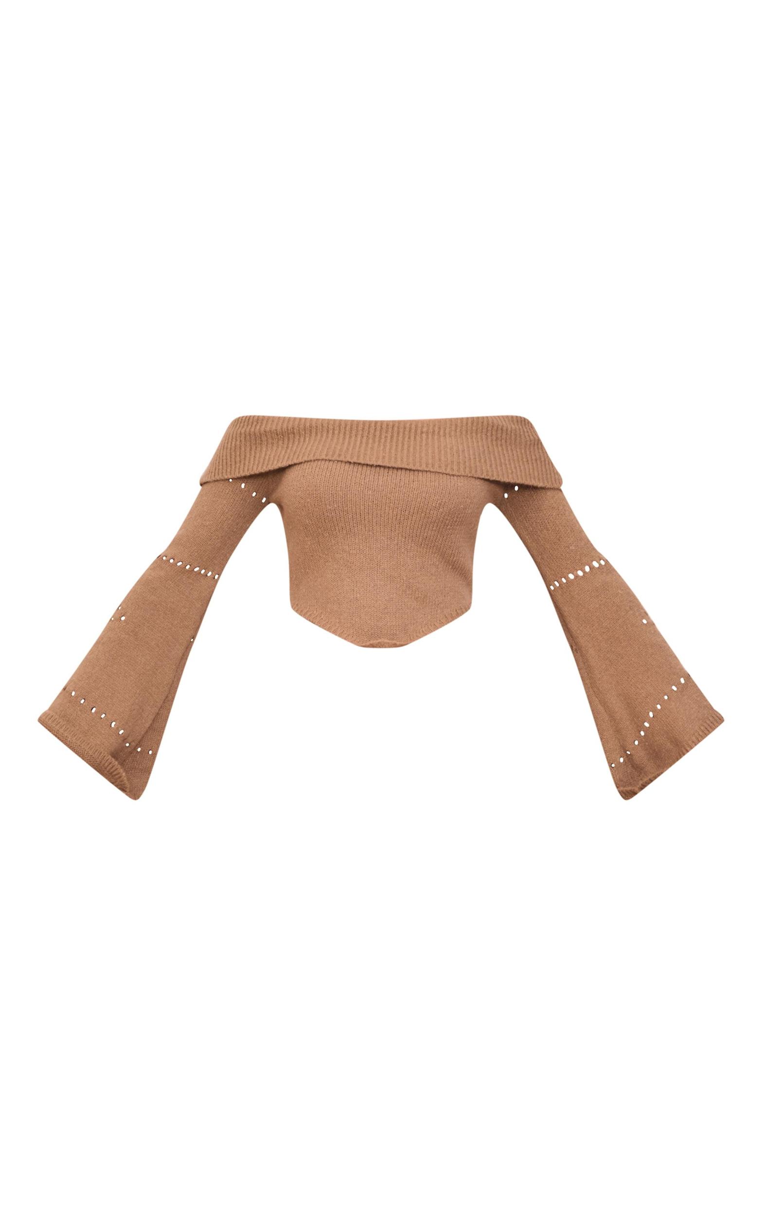 Chocolate Fold Over Bardot Knit Long Sleeve Top Product Image