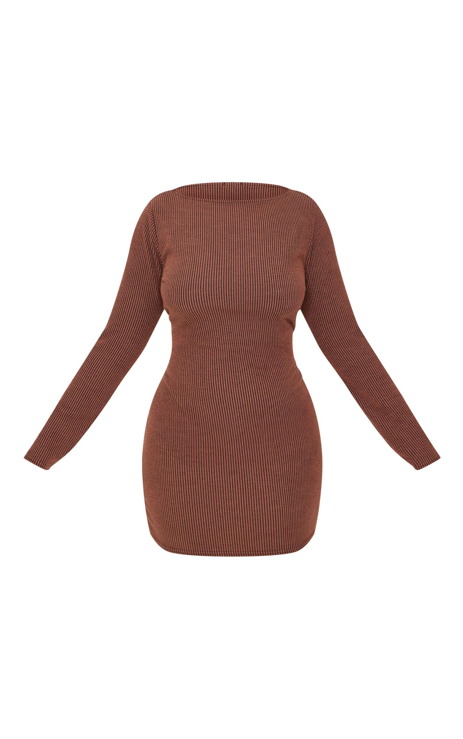 Plus Chocolate Slash Neck Long Sleeve Ribbed Mini Dress Product Image