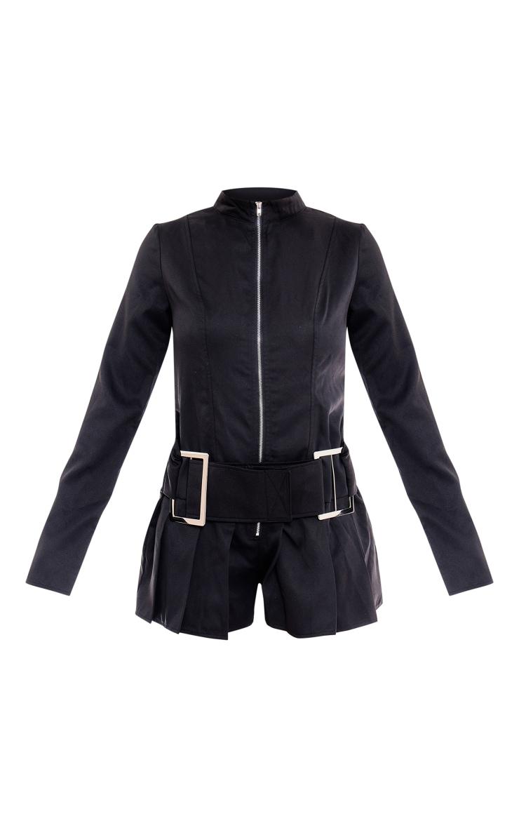 Black Woven High Neck Zip Oversized Belt Pleated Romper Product Image