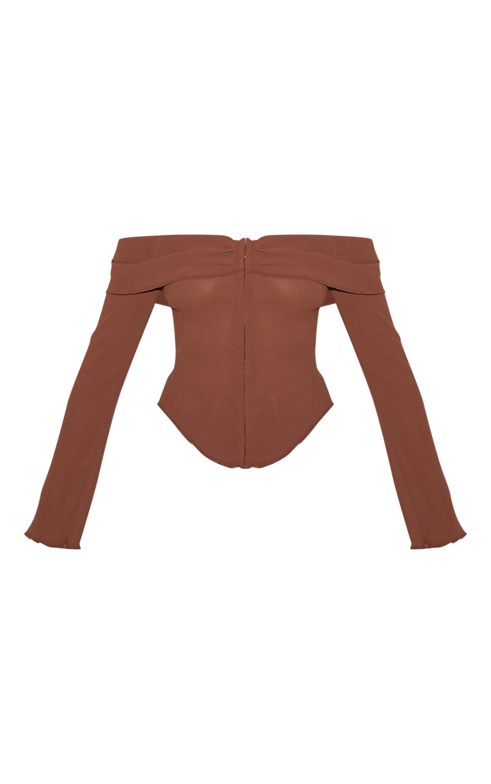 Chocolate Plisse Chiffon Bardot Blouse Product Image