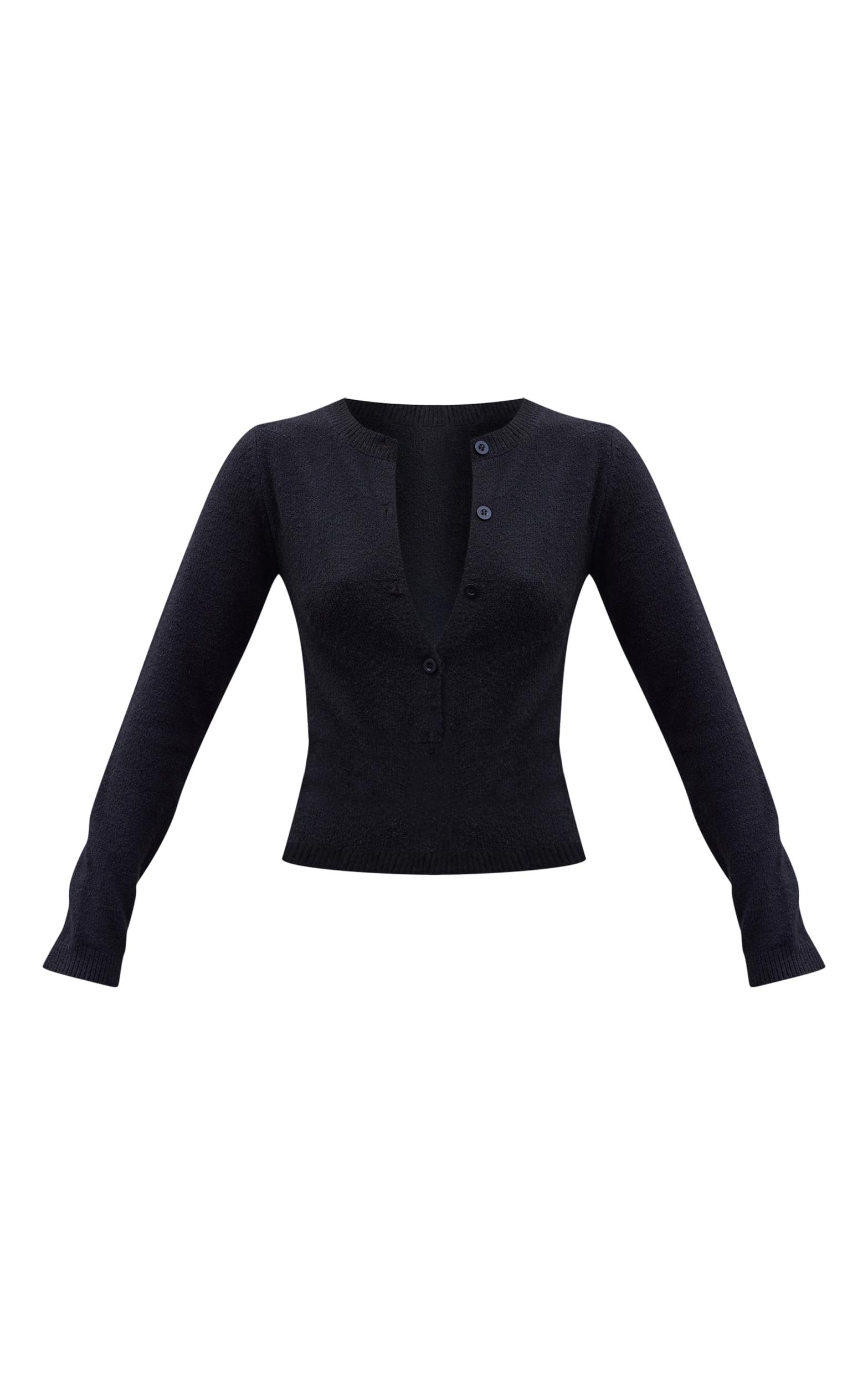 Black Basic Cotton Blend Long Sleeve Fitted T Shirt Product Image