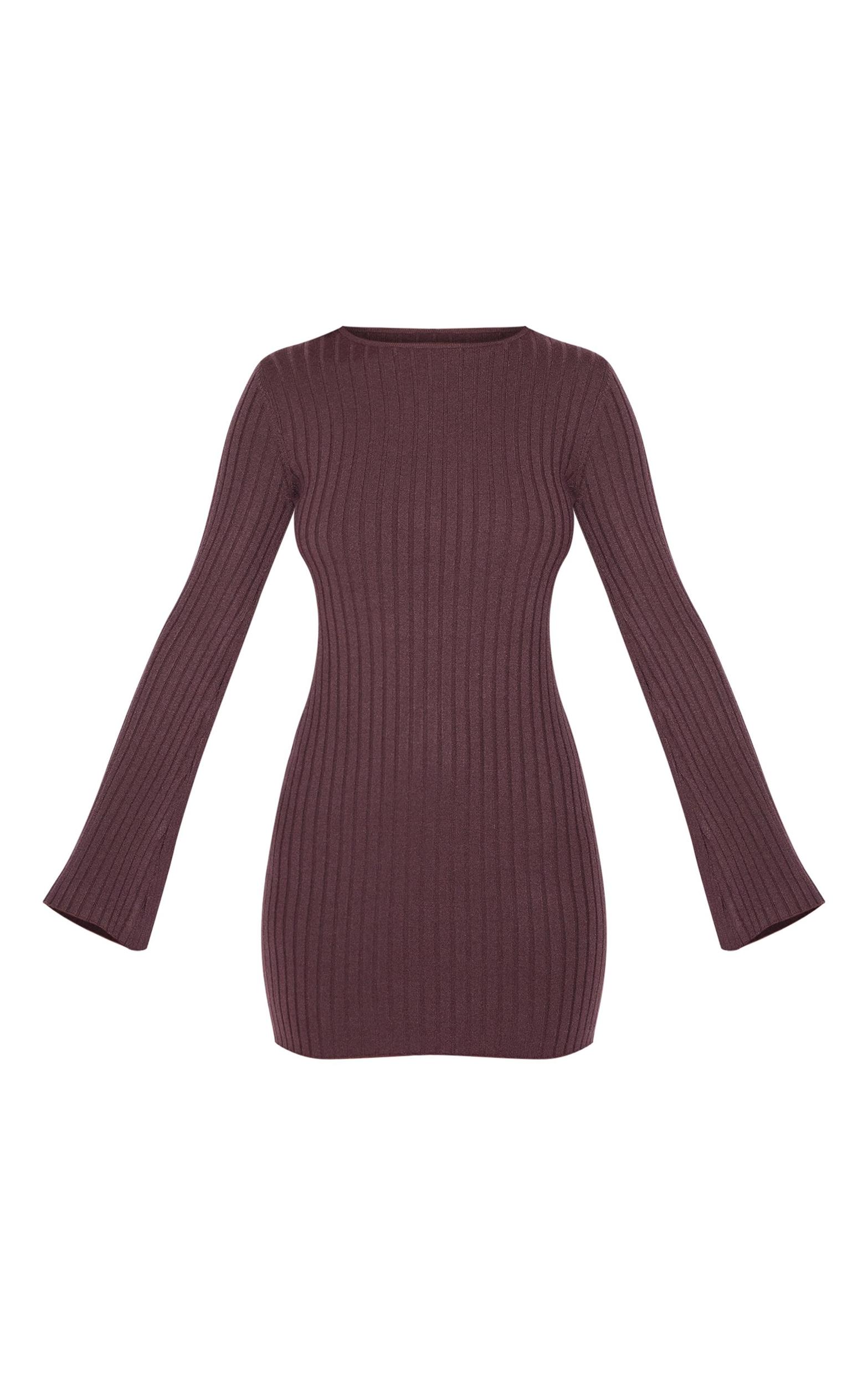 Chocolate Ribbed Knit Mini Dress Product Image