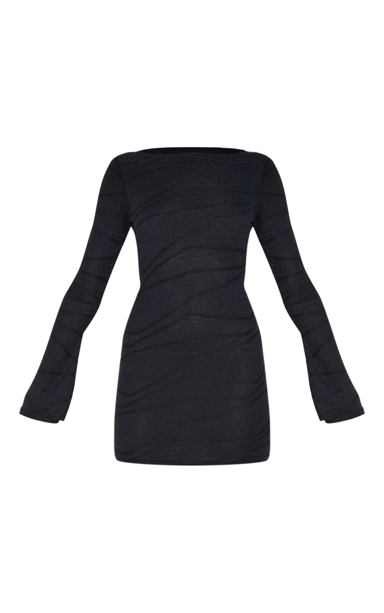 Black Textured Flared Sleeve Shift Dress Product Image