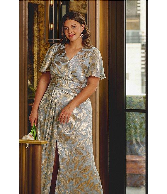 Adrianna Papell Plus Size V-Neck Flutter Sleeve Foil Leaf Printed Gown Product Image