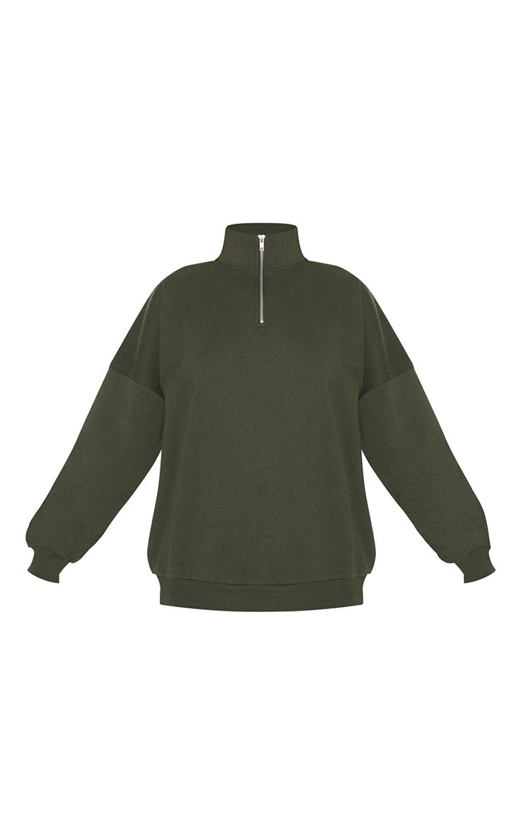 Khaki Premium High Neck Quarter Zip Oversized Sweatshirt Product Image