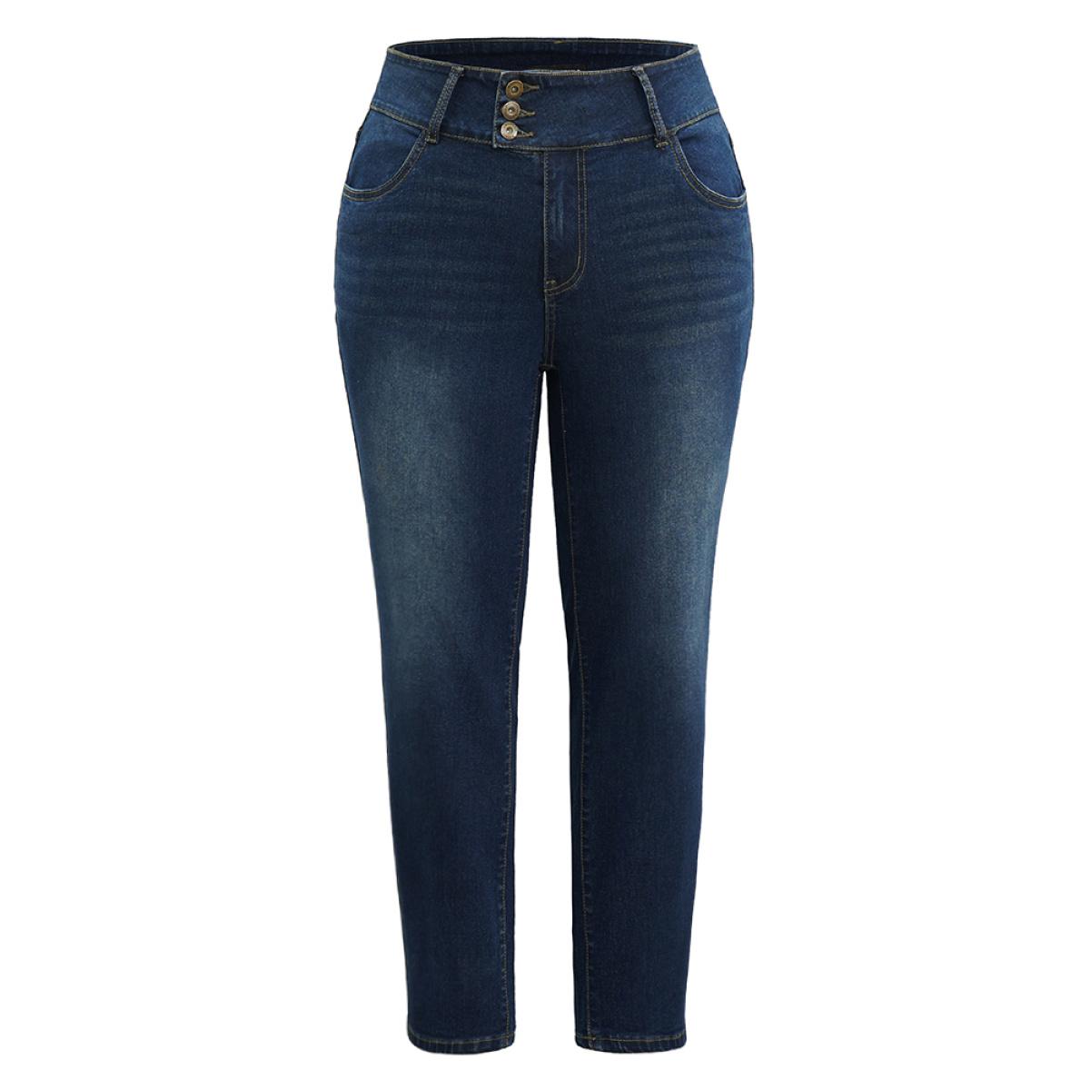 Plus Size Button Down Pocket High Rise Dark Wash Jeans Women Indigo Casual Plain Plain High stretch Pocket Jeans BloomChic 20/2X Product Image