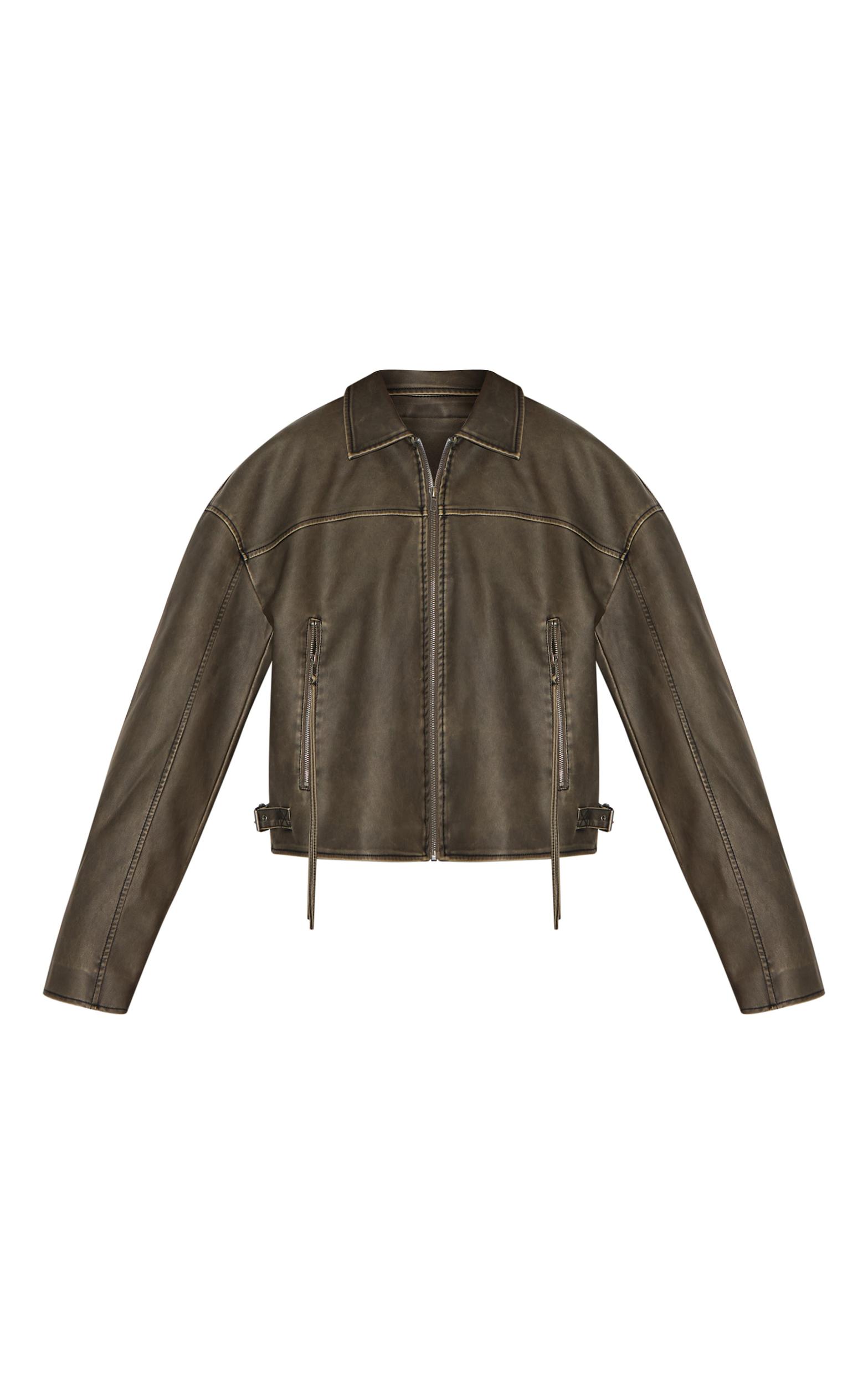 Brown Distressed Look Zip Boxy Trim Detail Biker Jacket Product Image