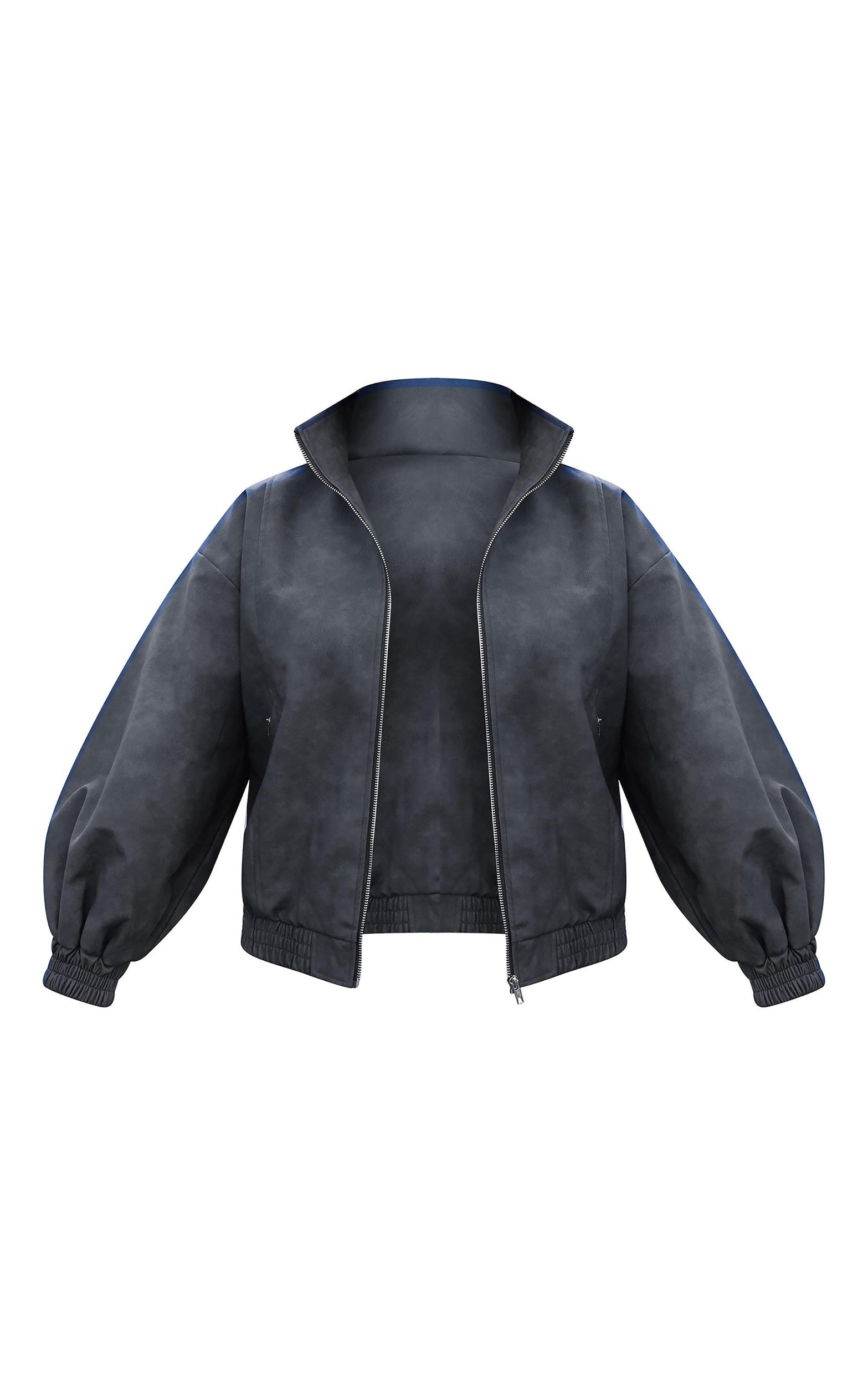 Charcoal Textured Faux Leather High Neck Bomer Jacket Product Image