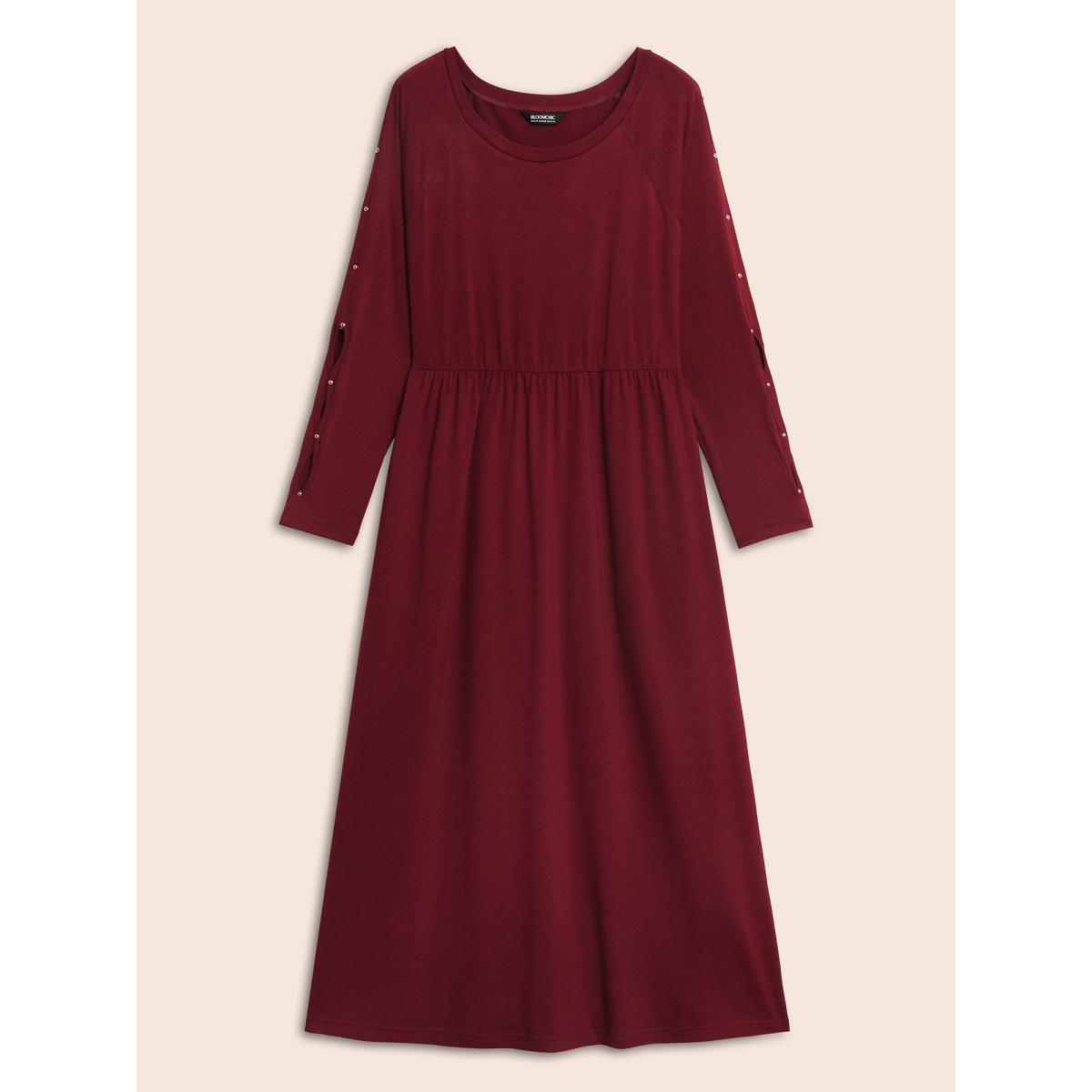 Plus Size Pearl Beaded Cut Out Midi Dress Burgundy Women Elegant Beaded Round Neck Long Sleeve Curvy BloomChic 10/M Product Image