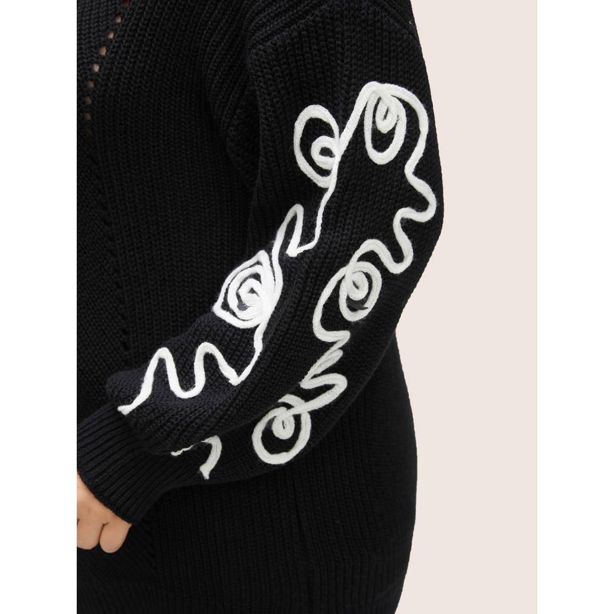 Plus Size Contrast Embroidered Crew Neck Pointelle Pullover Black Women Casual Long Sleeve Round Neck Everyday Pullovers BloomChic 30/6X Product Image