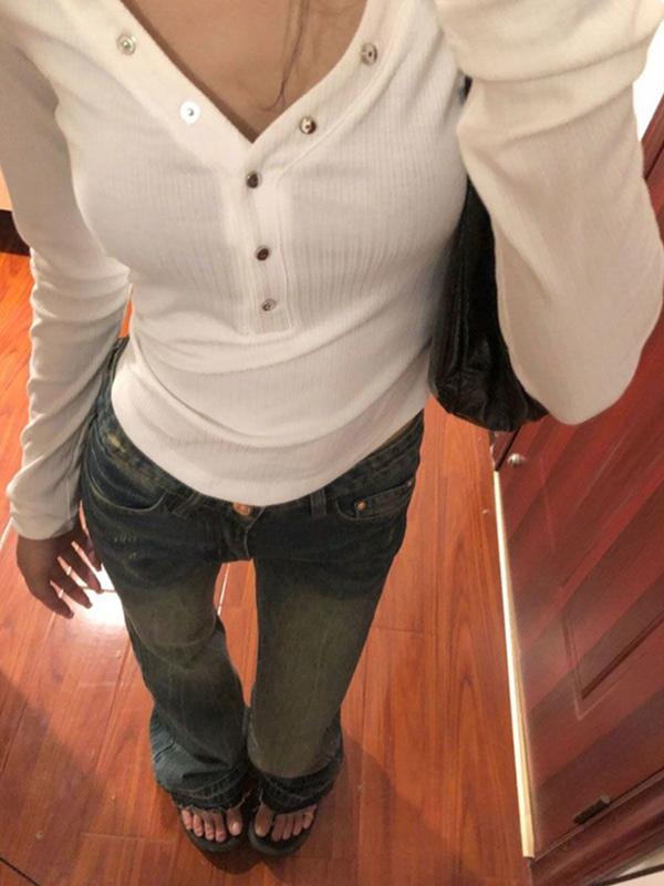 Solid V Neck Snap Button Slim Long Sleeve Knit Product Image