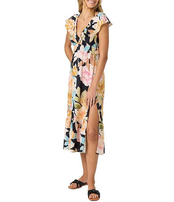 O'Neill Zetta Flutter Sleeve Tropical Floral Print Midi Dress Product Image