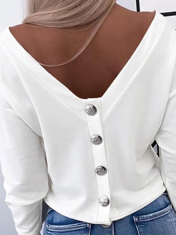 Long Sleeves Loose Buttoned Solid Color Round-Neck T-Shirts Tops Product Image