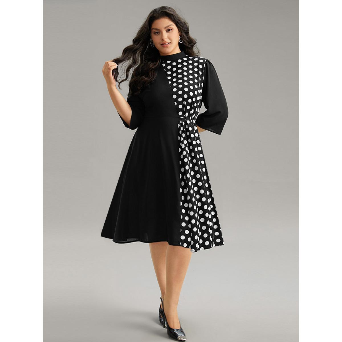 Plus Size Polka Dot Patchwork Mock Neck Elastic Waist Dress Black Women At the Office Contrast Mock Neck Elbow-length sleeve Curvy Midi Dress BloomChic 22-24/3X Product Image