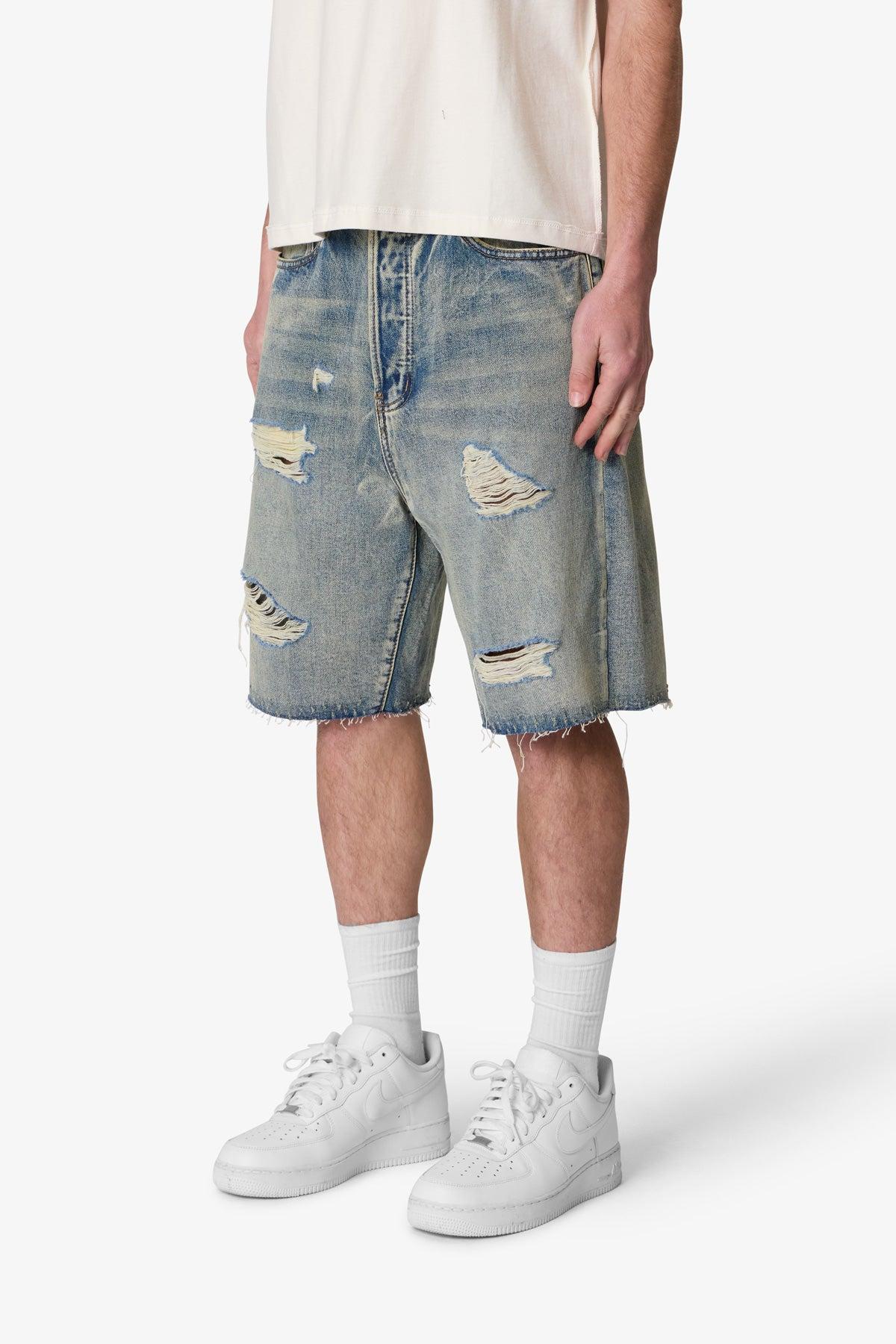 Baggy Ripped Denim Shorts - Vintage Blue Product Image