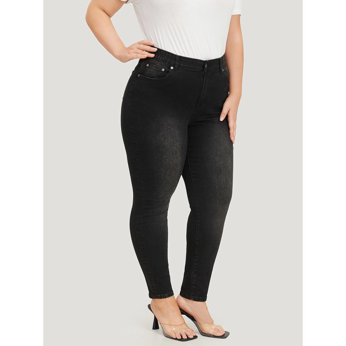 Plus Size Beaded Detail Pocket Very Stretchy Black Wash Jeans Women Black Casual Plain Beaded High stretch Pocket Jeans BloomChic 22/3X Product Image