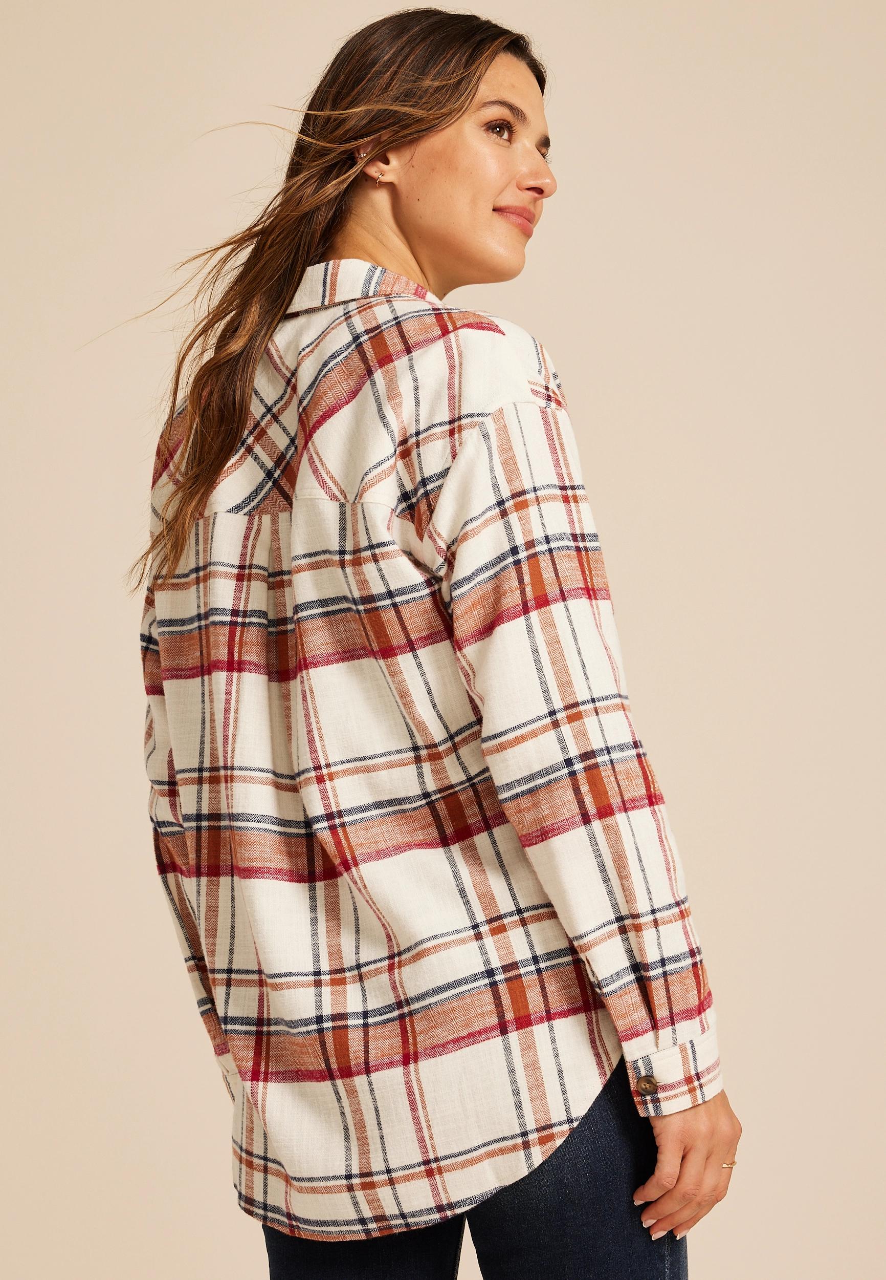 Cabin Plaid Boyfriend Tunic Button Down Shirt Product Image