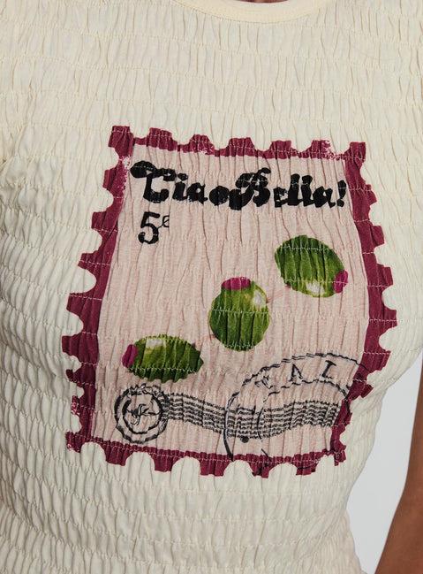 Ciao Bella Shirred Graphic Top Cream Product Image