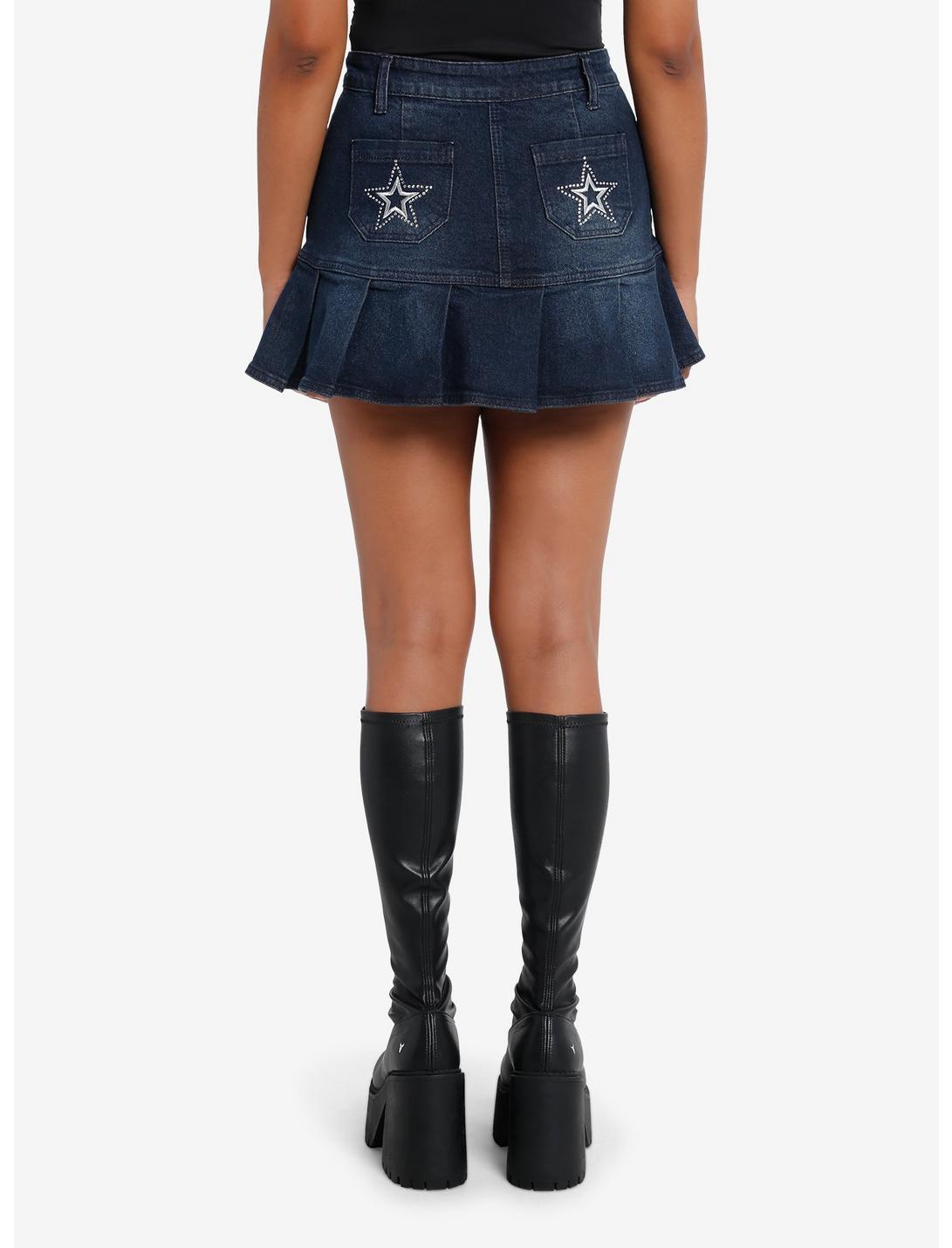 Social Collision Star Bling Dark Denim Pleated Mini Skirt Product Image