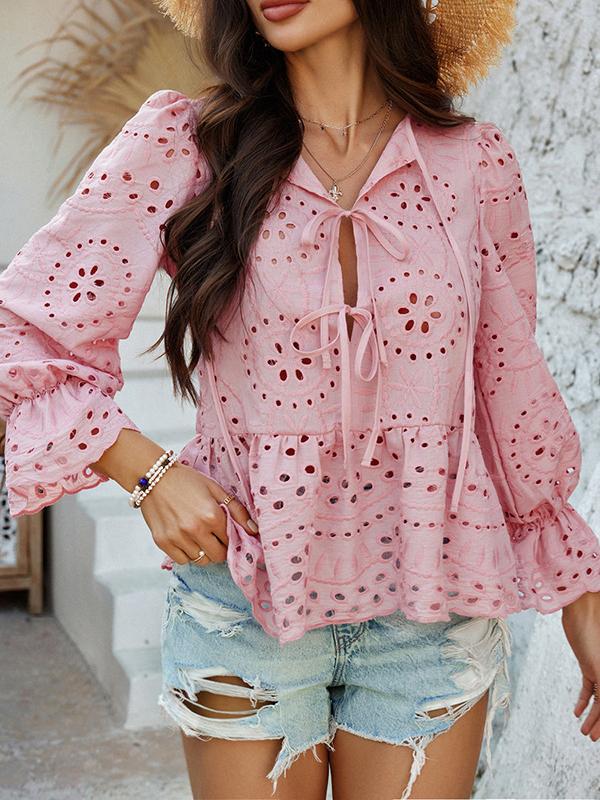 Long Sleeves Loose Elasticity Hollow Pleated Solid Color Tied Round-Neck Blouses&Shirts Tops Product Image