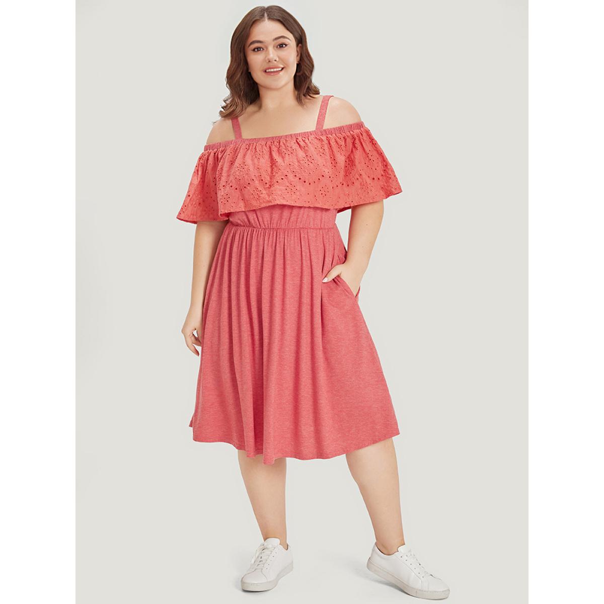 Plus Size Supersoft Essentials Cold Shoulder Broderie Anglaise Layered Dress OrangeRed Women Casual Adjustable Straps Cold Shoulder Short sleeve Curvy Midi Dress BloomChic 14-16/1X Product Image