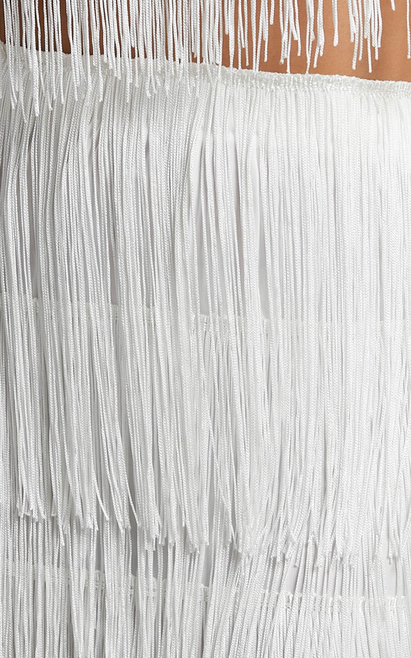 Amalee Two Piece Set - Fringe Strapless Crop Top and Midi Skirt Set in White Product Image