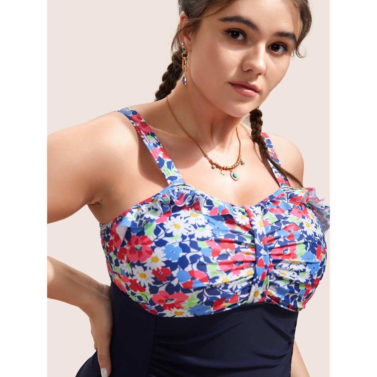 Plus Size Ditsy Floral Patchwork Ruffles Gathered One Piece Swimsuit Women's Swimwear Midnight Beach Non Curve Bathing Suits High stretch One Pieces BloomChic 28/5X Product Image