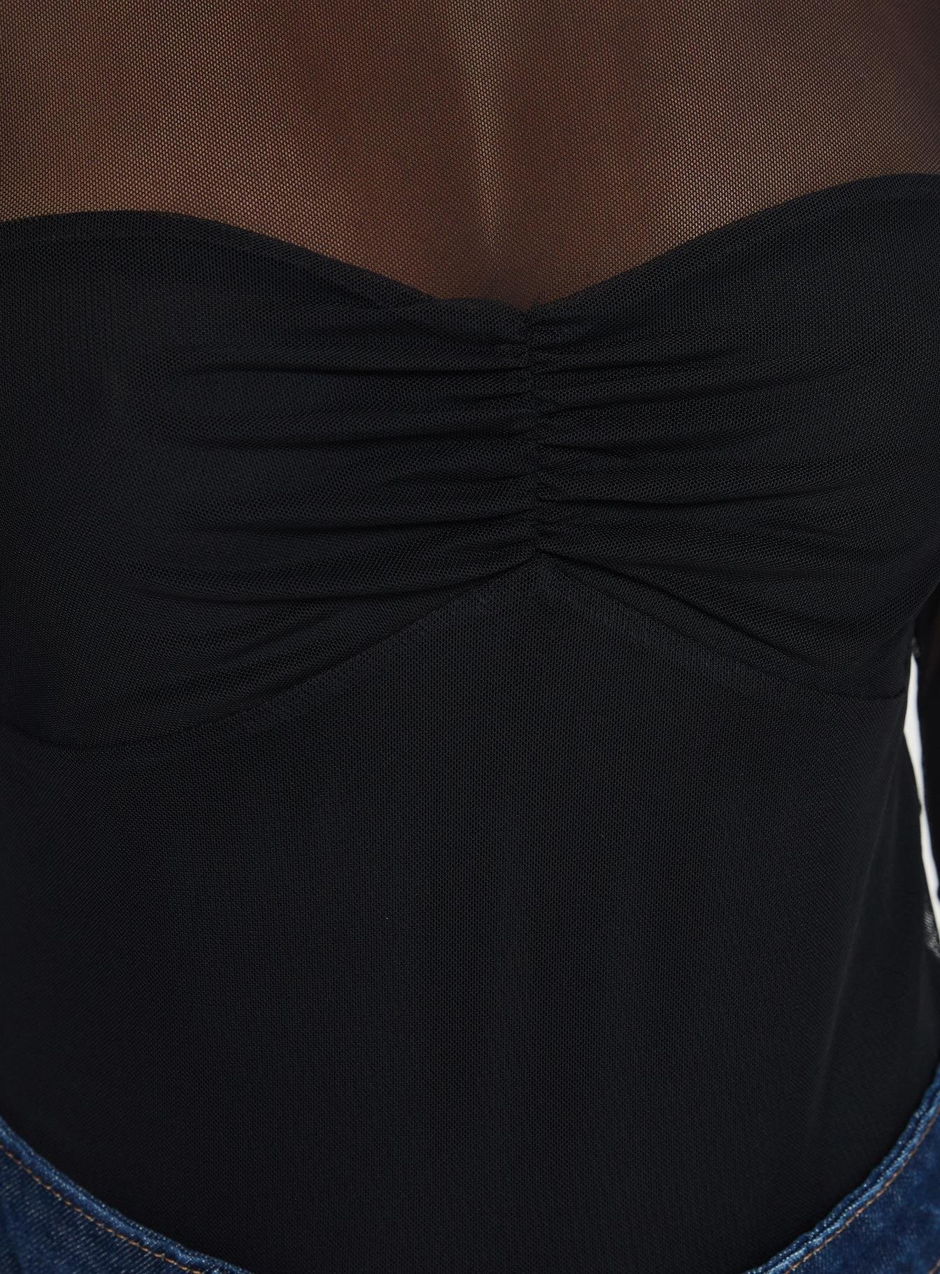 Delanee Mesh Detail Long Sleeve Bodysuit Black Product Image