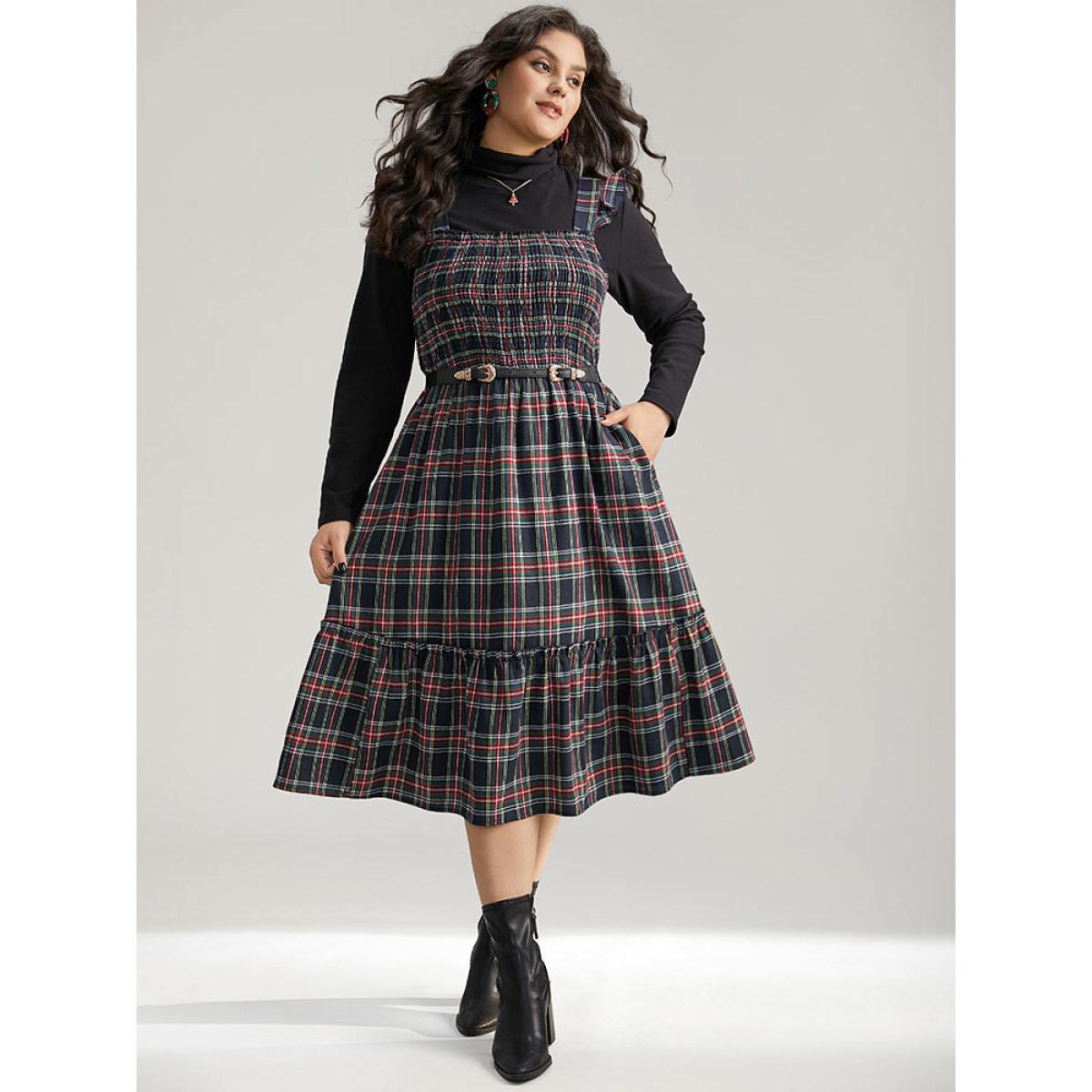 Plus Size Plaid Ruffle Trim Shirred Spaghetti Strap Dress Indigo Women Casual Printed Spaghetti Strap Sleeveless Curvy Midi Dress BloomChic 26/4X Product Image