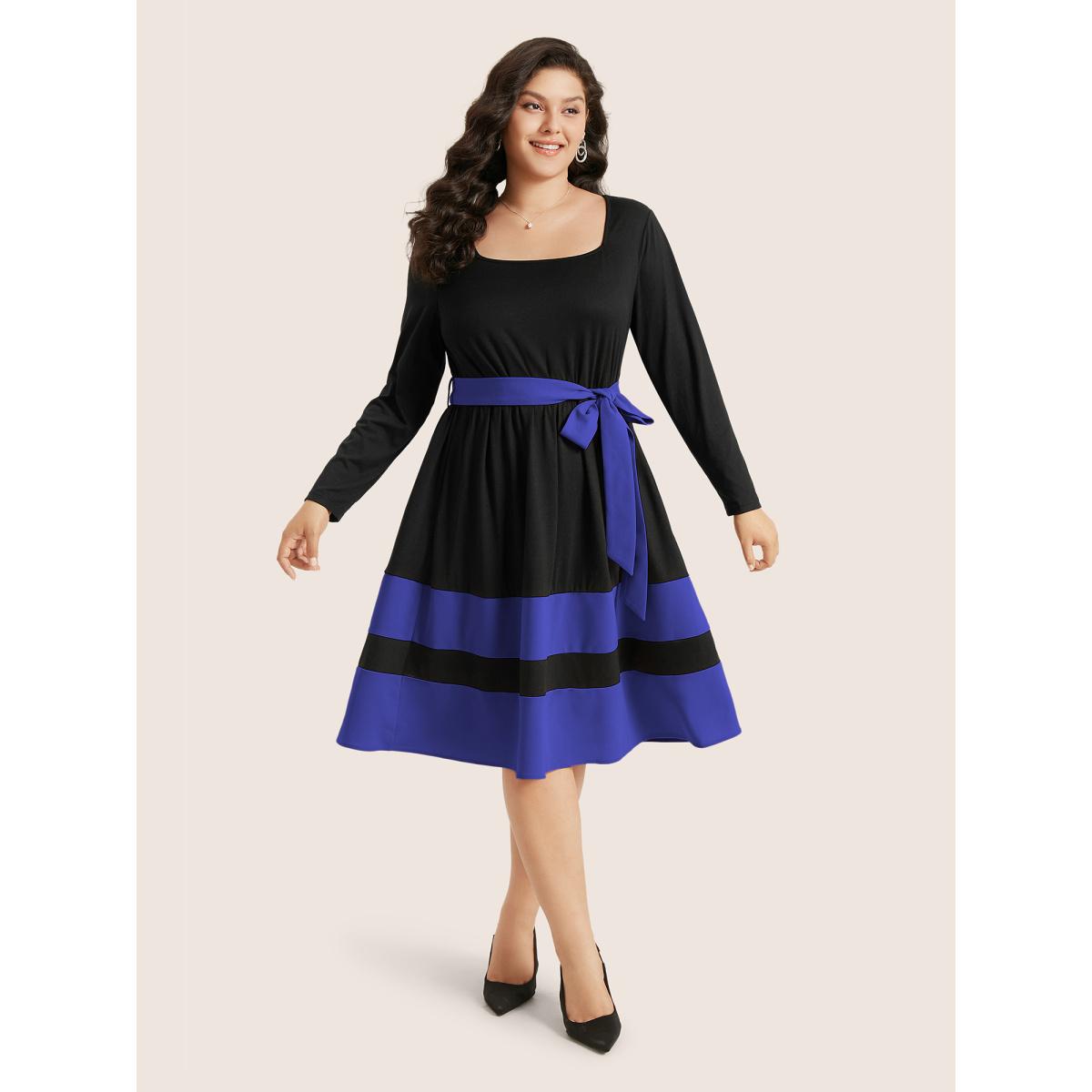 Plus Size Two Tone Belted Bowknot Square Neck Dress Burgundy Women Timeless Non Square Neck Long Sleeve Curvy Knee Dress BloomChic 22-24/3X Product Image