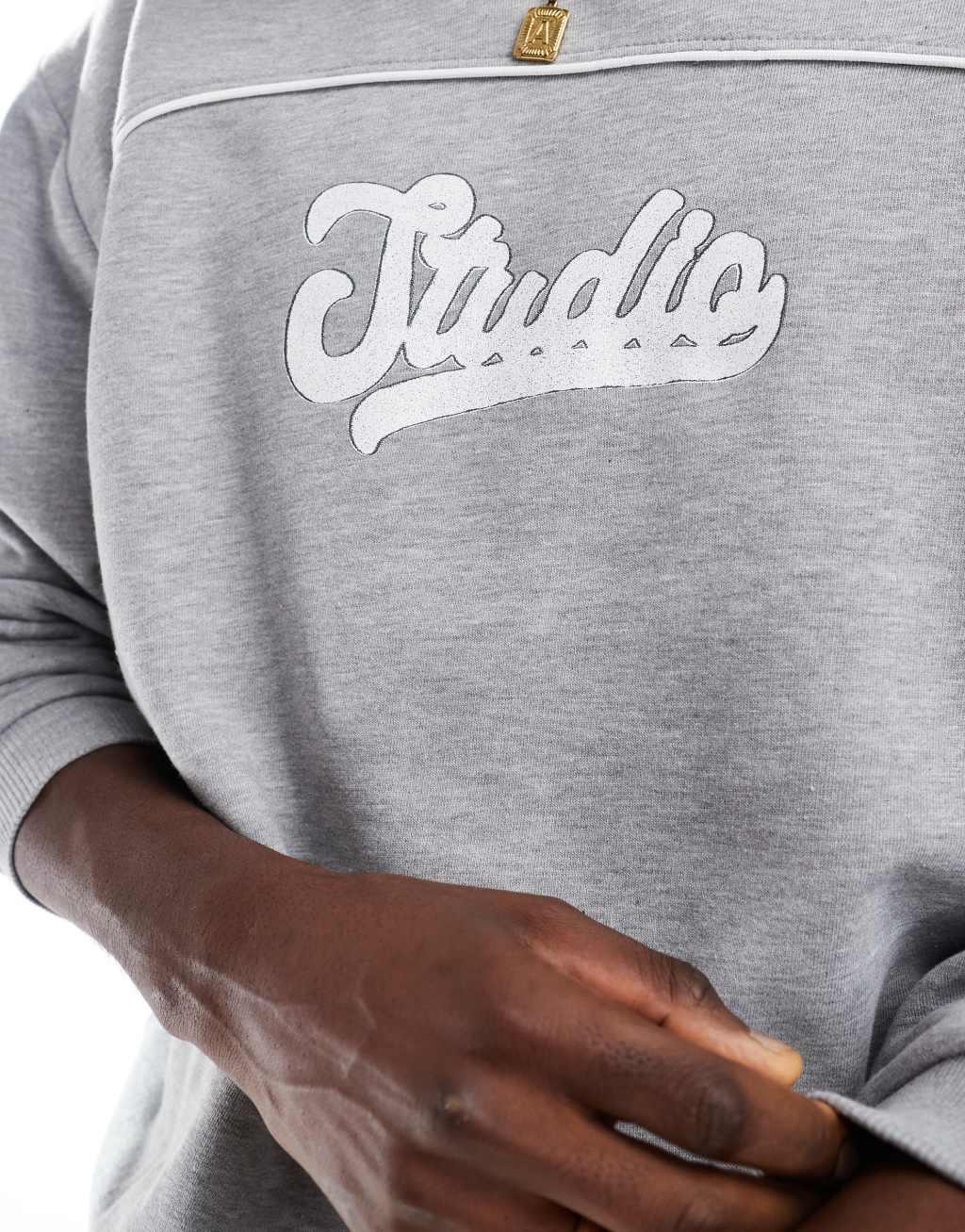 ASOS DESIGN oversized sweatshirt with chest print and piping in gray heather Product Image