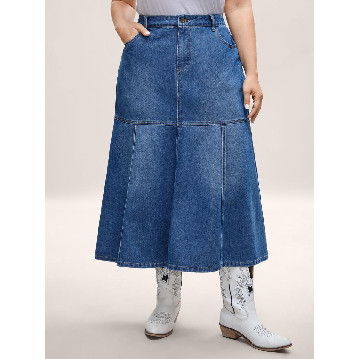 Plus Size A-Line Seamed Maxi Denim Skirt Women Midblue Elegant No stretch Medium Wash 20/2X Slanted pocket Denim Skirts BloomChic Product Image