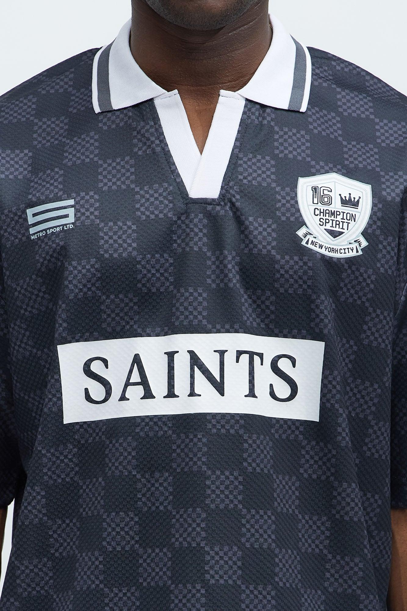 Saints Checkered Johnny Collar Soccer Jersey - Black Product Image
