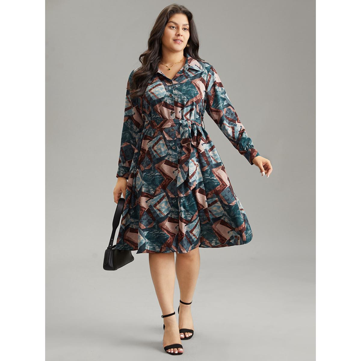 Plus Size Geometric Colorblock Button Through Belted Dress Aegean Women Office Belted Shirt collar Long Sleeve Curvy Midi Dress BloomChic 12/L Product Image