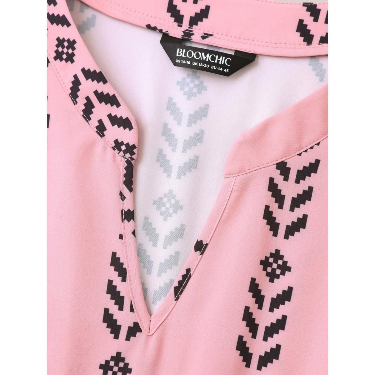 Plus Size Boho Striped Split Neck Midi Dress Blush Women Resort Non Flat collar with V-notch Short sleeve Curvy BloomChic 30/6X Product Image