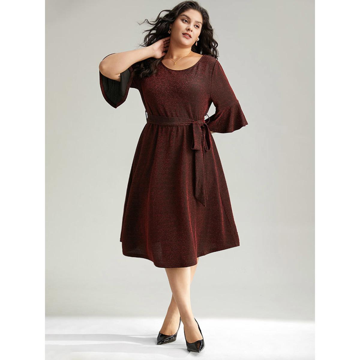 Plus Size Lurex Belted Flutter Sleeve Dress Raspberry Women Elegant Plain Round Neck Elbow-length sleeve Curvy Midi Dress BloomChic 14-16/1X Product Image
