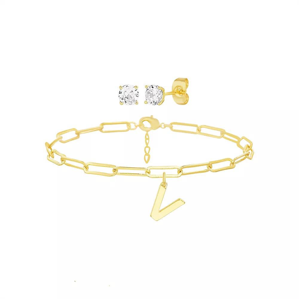 Paige Harper 14k Gold Plated Initial Charm Bracelet & Cubic Zirconia Stud Earring Set, Women's,  Product Image