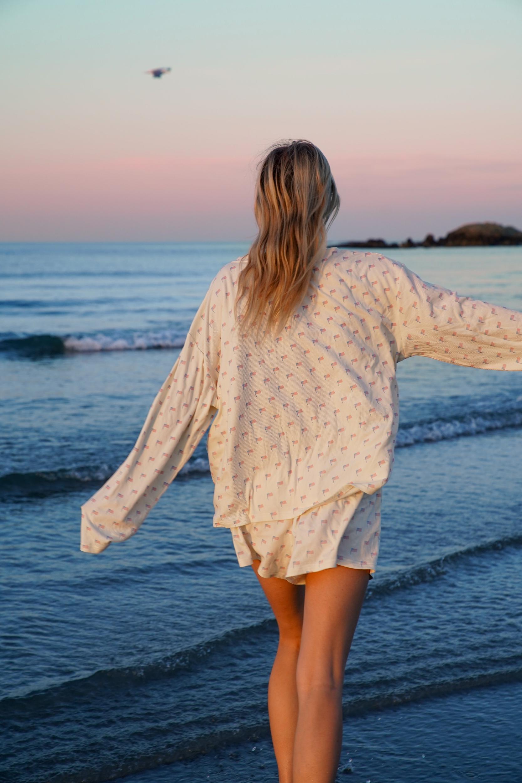 Pale Yellow American Flag Pajama Pattern Top Product Image