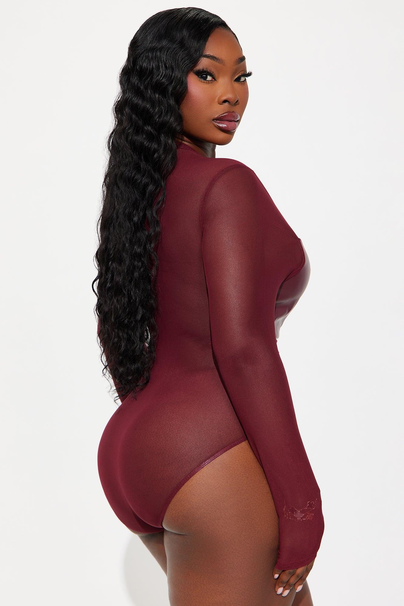 Best Of Luck Long Sleeve Twist Mesh Bodysuit - Burgundy Female Product Image