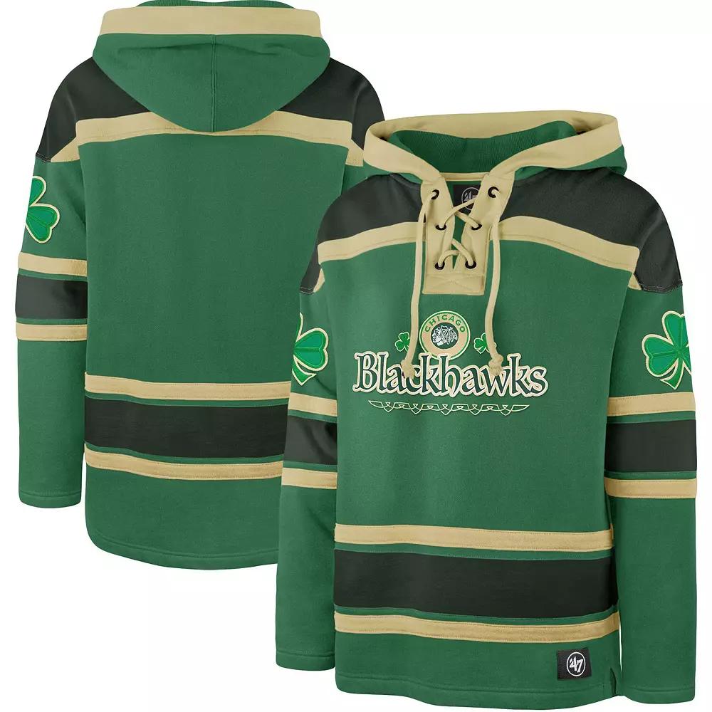 Men's '47 Kelly Green Chicago Blackhawks St. Patrick's Day McLucky Superior Lacer Pullover Hoodie,  Product Image