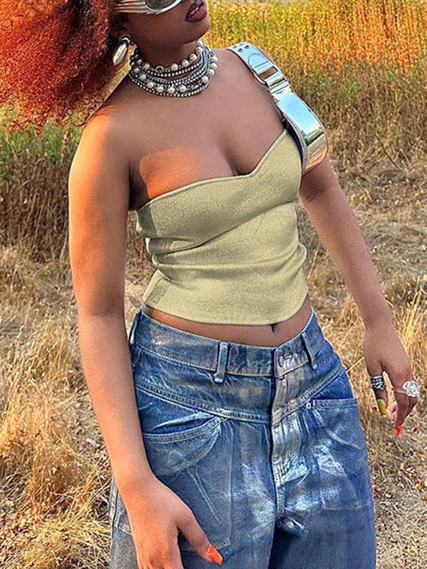 Skinny Sleeveless Shiny Solid Color Tube Vest Top Product Image