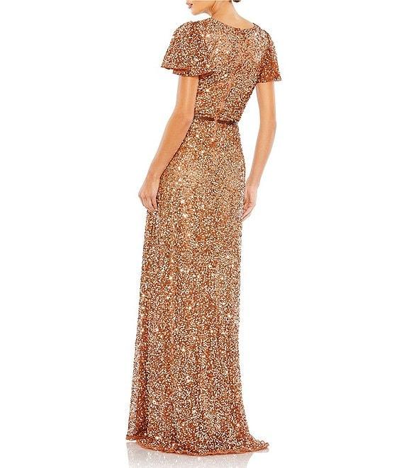 Mac Duggal Sequin V-Neck Short Flutter Sleeve Front Slit Gown Product Image