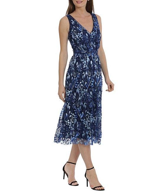 Maggy London Double V-Neck Sleeveless Embroidered Mesh Midi Fit & Flare Dress Product Image