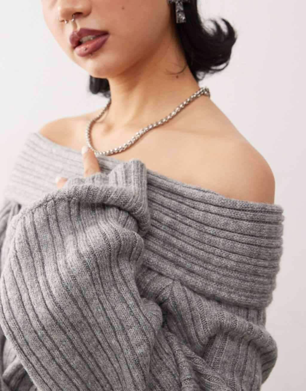 COLLUSION knitted ribbed off the shoulder sweater in charcoal - part of a set Product Image