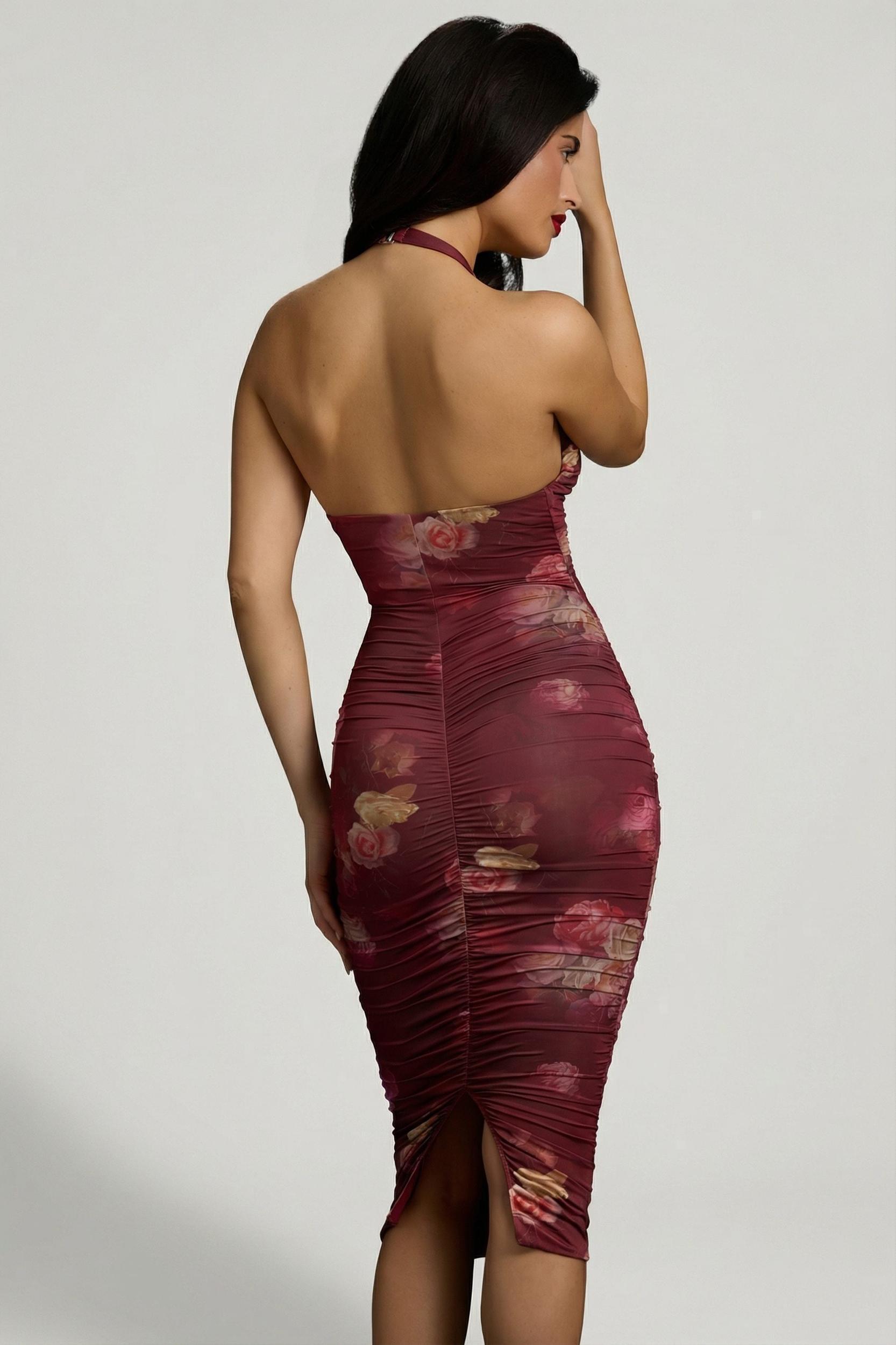 Ruched Plunge Halterneck Midi Dress in Maroon Floral Print Product Image