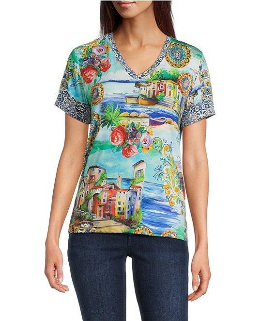 JOHNNY WAS The Janie Favorite Scenic Print Knit V-Neck Short Sleeve Tee Product Image