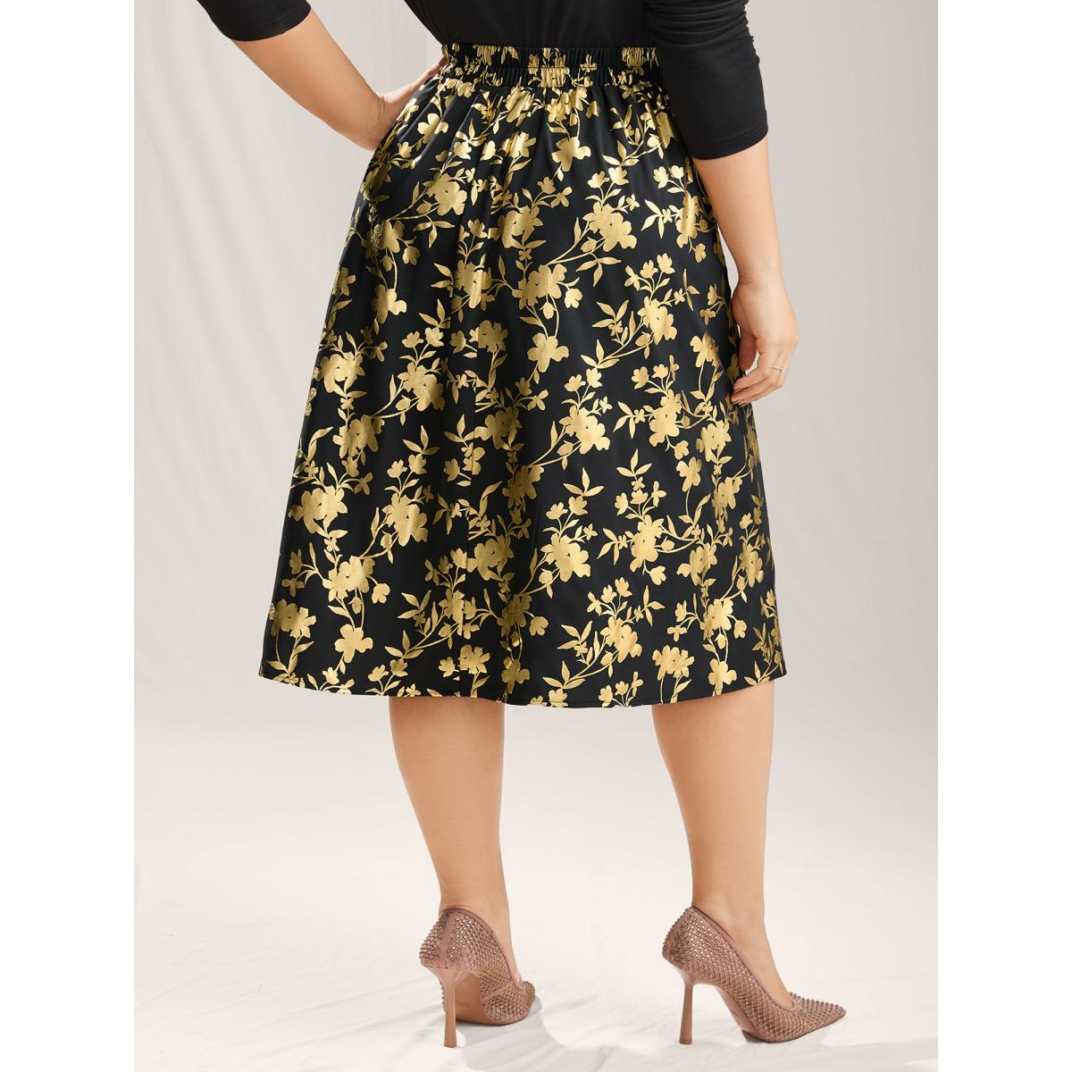 Plus Size Shimmery Floral Hot Stamping Midi Skirt Women Black Contrast Bodycon Low stretch Slanted pocket Party Skirts BloomChic 14-16/1X Product Image