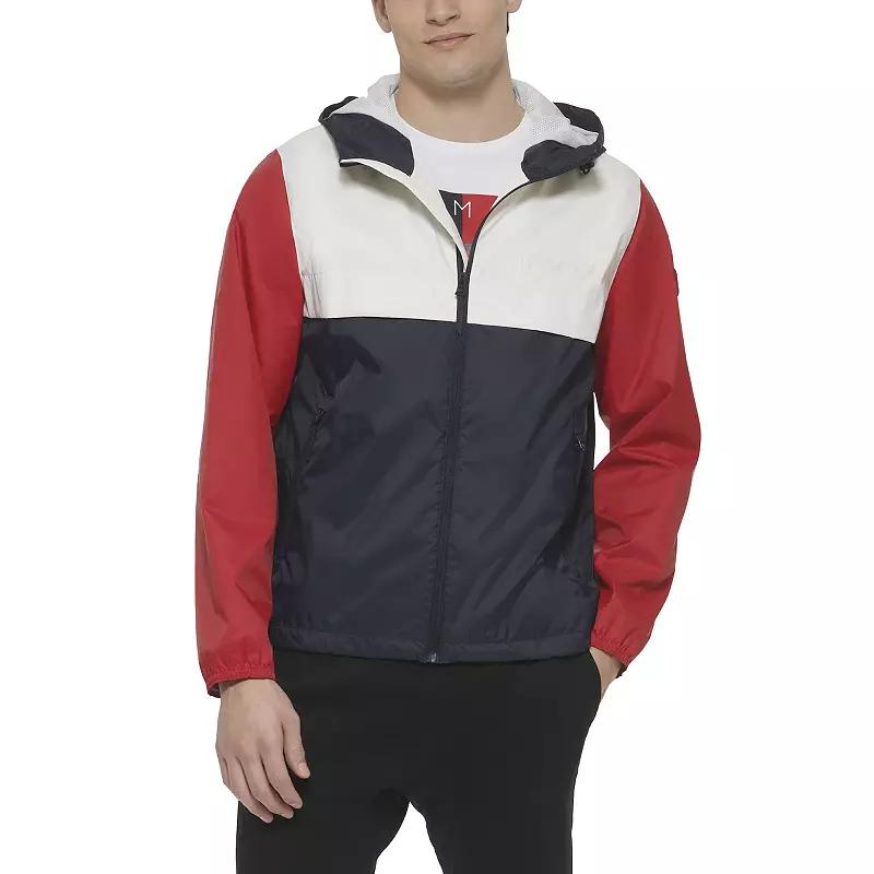 Men's Tommy Hilfiger Logo Patch Hooded Rain Jacket, Size: Medium, Blue Stripe Product Image