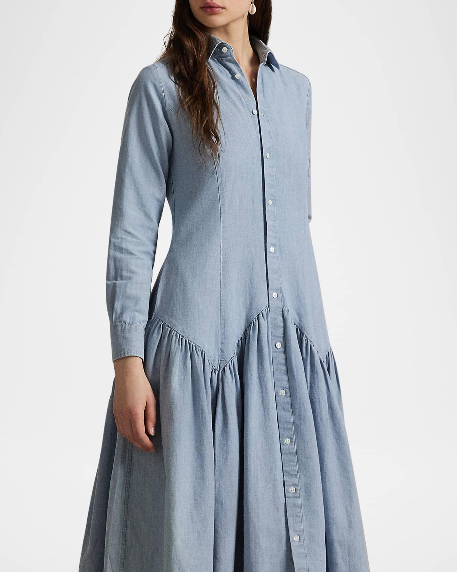 Long-Sleeve Cotton-Linen Chambray Shirtdress Product Image